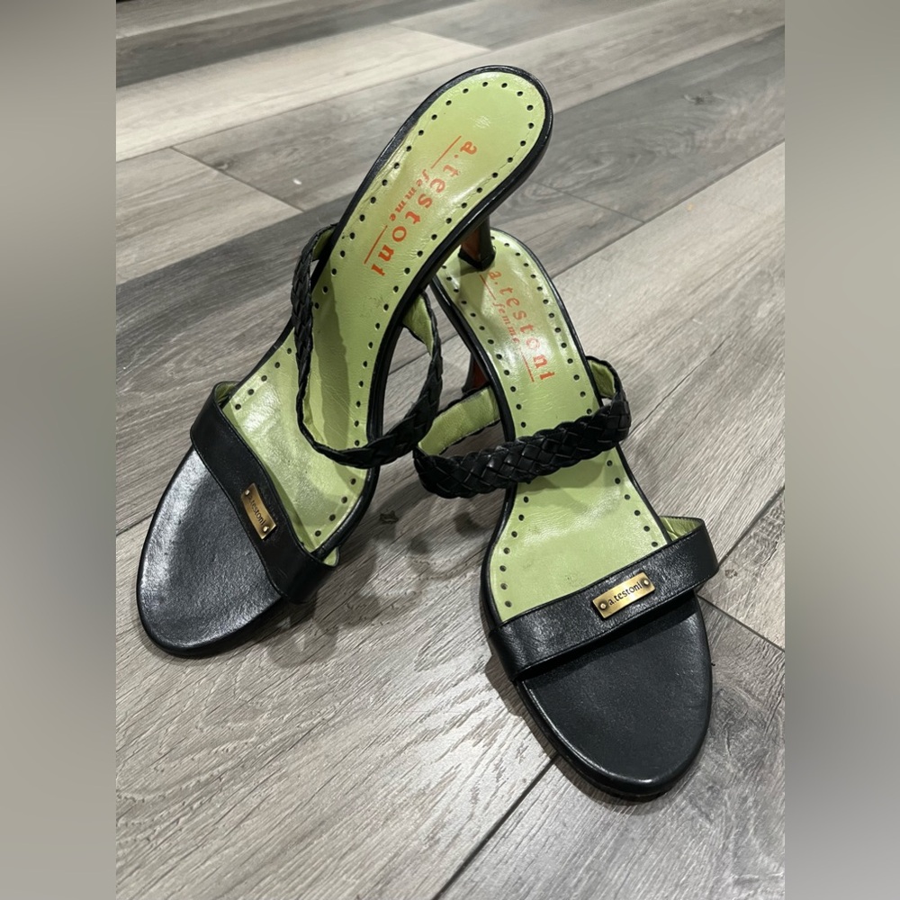 A. Testoni black kit leather sandals on 2” heel, sz 40 woven brandplate straps